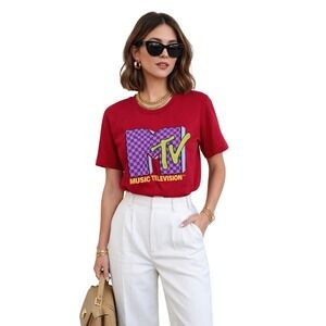 MTV Music Television‎ Graphic Tee Red Checkered Logo Cotton T-Shirt XL Ladies